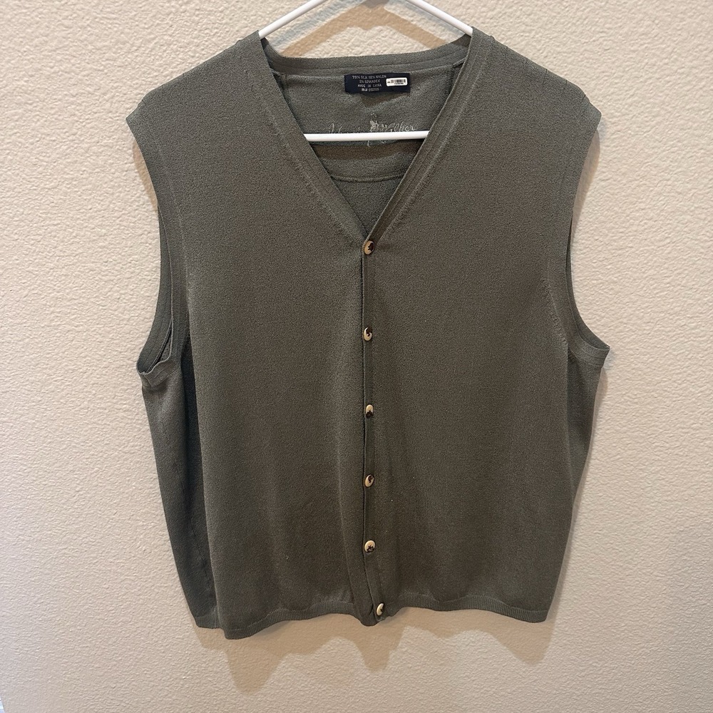Johnnie Walker Mens Olive Green Silk Sweater Cardigan Vest L Knit‎ Classic Golf